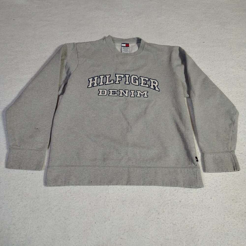 VINTAGE 90s Tommy Hilfiger Denim Crewneck Sweatshirt Stitched Spell Out Logo Y2K